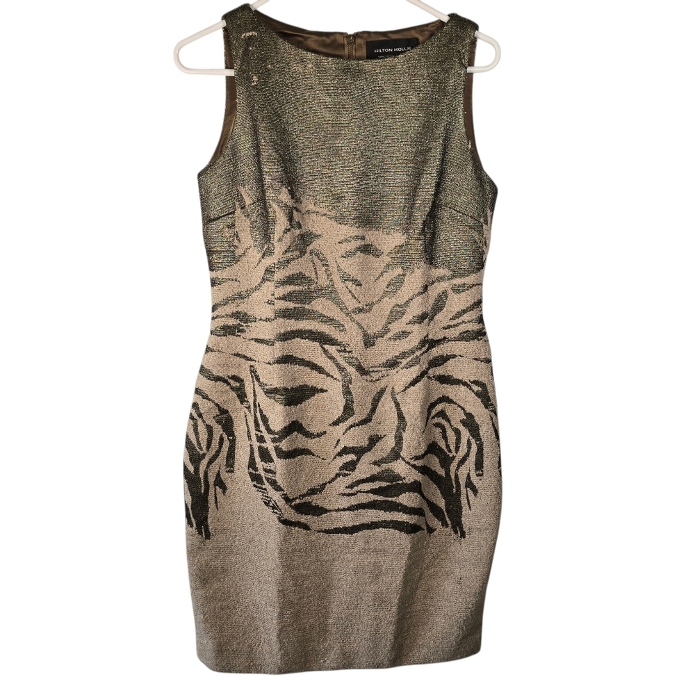 Hilton Hollis Metallic Green and Beige Zebra Print Sleeveless Sheath Dress Size8